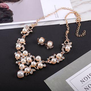 Set: Faux Pearl Earring + Pendant Necklace Gold - One Size