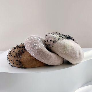 Dotted Mesh Panel Beret Hat