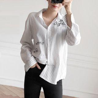 Long-sleeved Embroidered Striped Blouse
