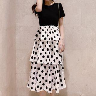 Mock Two Piece Short-sleeve Polka Dot Midi Tiered Dress