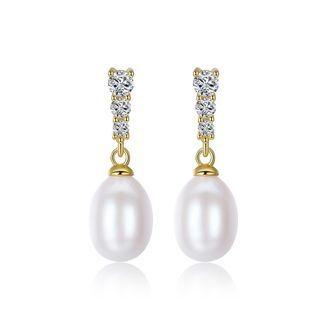 Sterling Silver Plated Gold Fashion Simple Geometric White Freshwater Pearl Earrings With Cubic Zirconia Golden - One Size