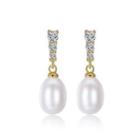 Sterling Silver Plated Gold Fashion Simple Geometric White Freshwater Pearl Earrings With Cubic Zirconia Golden - One Size