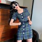 Square Neck Short Sleeve Plaid A-line Dress