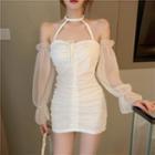 Choker-neck Shirred Mini Bodycon Dress White - One Size