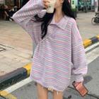 Puff-sleeve Striped Polo-neck Sweater Dress