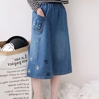 Dog Paw Embroidered Midi A-line Denim Skirt