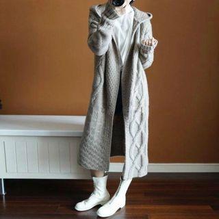 Long Open-front Hooded Cable-knit Coat
