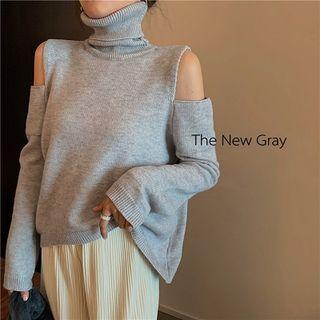 Plain Turtle-neck Loose-fit Off-shoulder Knit Top