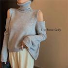 Plain Turtle-neck Loose-fit Off-shoulder Knit Top