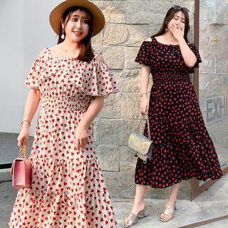 Off-shoulder Dotted Ruffled Midi Dress