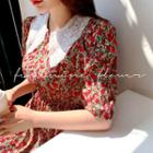 Lace-collar Puff-sleeve Long Floral Dress