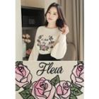 Puff-sleeve Rose Embroidered Knit Top