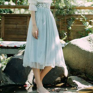 Embroidered A-line Mesh Skirt Light Blue - One Size