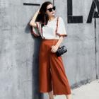 Set: Contrast Trim Elbow-sleeve Top + Wide Leg Cropped Pants