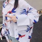 Long-sleeve Graphic Print Irregular Shirt As Shown In Figure - One Size
