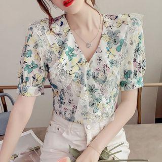 Short-sleeve Lace Trim Flower Print Blouse