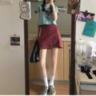 Plaid Mini Pencil Skirt / Short-sleeve Whale Print T-shirt