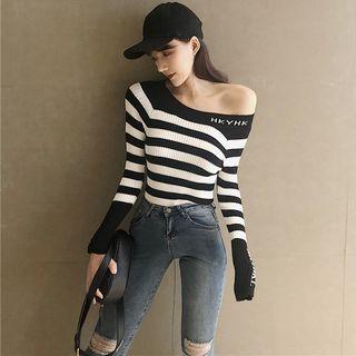 Off-shoulder Long-sleeve Striped Knit Top
