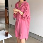 Long-sleeve Plain Medium Long Shirt Pink - One Size