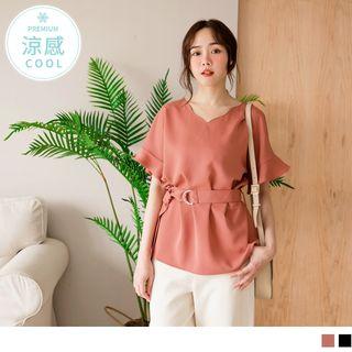 Tie-waist Ruffled Chiffon Short-sleeve Top