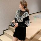 Lace Panel Long-sleeve Velvet A-line Dress Black - One Size