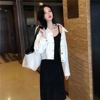 Denim Cropped Jacket / Sleeveless Knit Dress