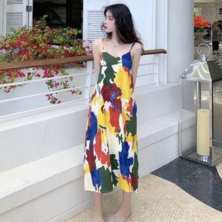 Spaghetti Strap Printed A-line Midi Dress As Shown In Figure - One Size