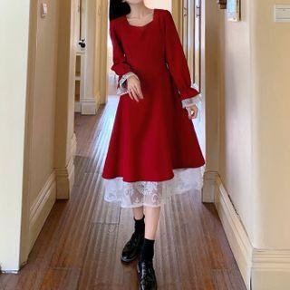Long-sleeve Lace Trim Lace-up Midi A-line Dress