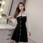 Long-sleeve Collared Two-tone Mini A-line Dress
