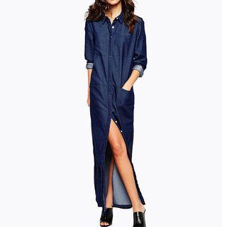 Slit Denim Maxi Shirtdress