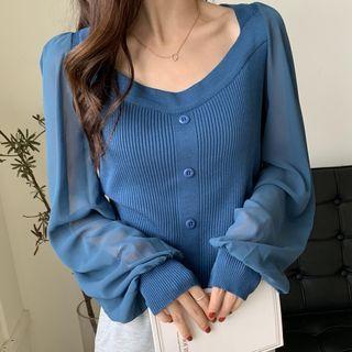 Long-sleeve Chiffon Panel Button-up Knit Crop Top