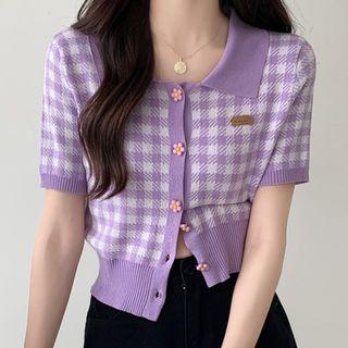 Short-sleeve Gingham Check Knit Top