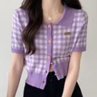 Short-sleeve Gingham Check Knit Top