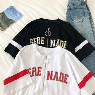 Lettering Printed Asymmetric Zipper Short-sleeve Top