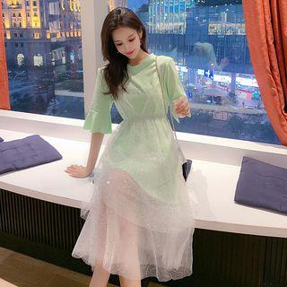 Set: Elbow-sleeve Dress + Sleeveless Tiered Dress