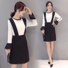 Set: Two-tone Bell-sleeve Blouse + Pinafore Dress