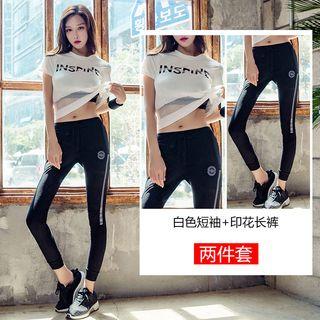 Set: Short-sleeve Lettering Sports T-shirt + Yoga Pants