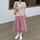 Puff-sleeve Floral Blouse / Plain Midi A-line Skirt