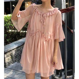 Set: Frill Trim Elbow Sleeve Chiffon Dress + Slipdress
