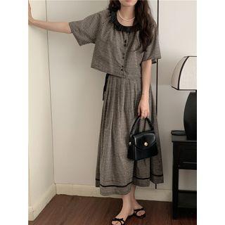 Set: Short-sleeve Plaid Blouse + A-line Midi Skirt