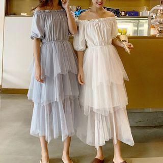 Off-shoulder A-line Tiered Midi Dress