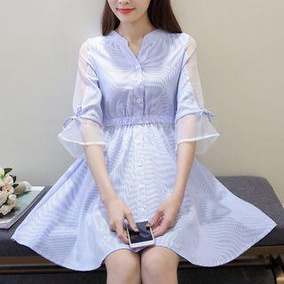 Mesh Panel Striped 3/4 Sleeve A-line Dress