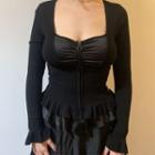 Plain Zip-up Ruffled-trim Square Neck Long Sleeve Top