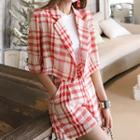 Set: Plaid Double-breasted Elbow-sleeve Cropped Blazer + High-waist Wide-leg Shorts