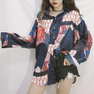 Long Sleeve Retro Print Shirt As Shown In Figure - One Size