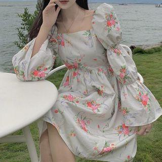 Puff-sleeve Floral Print Midi Dress Floral - White - One Size