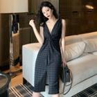 Spaghetti-strap Plaid Slit Midi A-line Dress