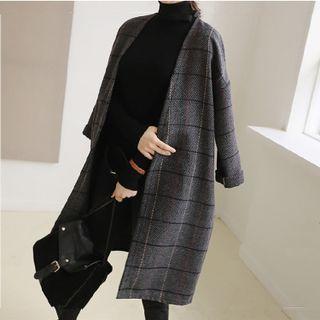 Long-sleeve Round-neck Plaid Woolen Medium Long Jacket