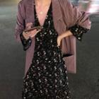 Long-sleeve V-neck Floral Printed Dress Black - One Size