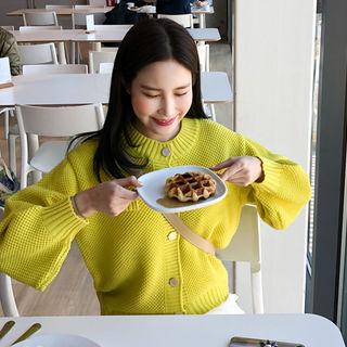 Balloon-sleeve Waffle Knit Cardigan